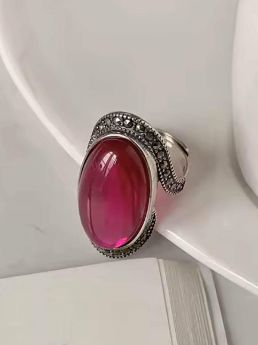Elegant Silver Ring with Red Stone Vintage Adjustable